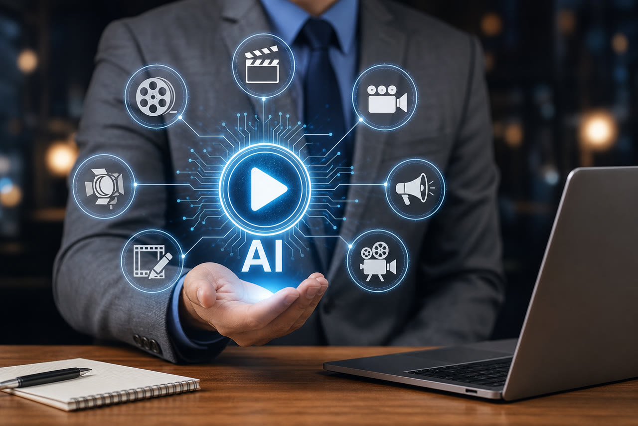 Hands collaborating over a tablet with AI, analytics, and automation overlays