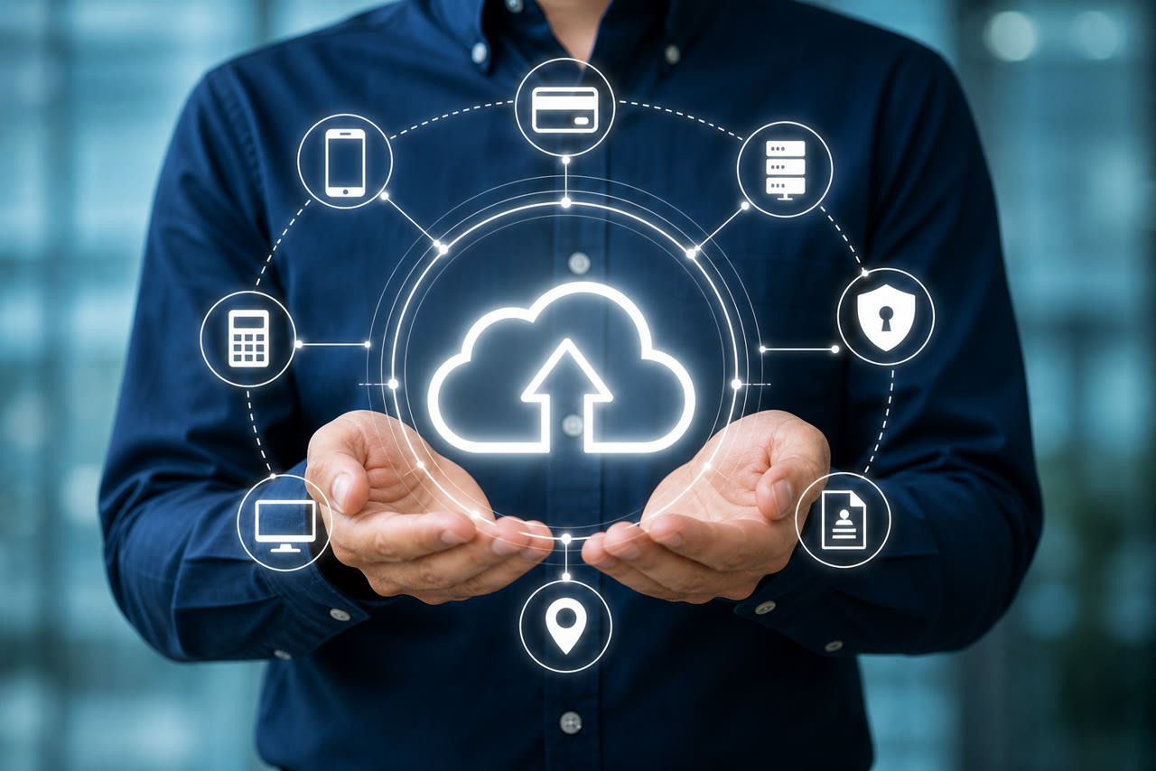 Hands presenting a cloud upload network of connected digital services