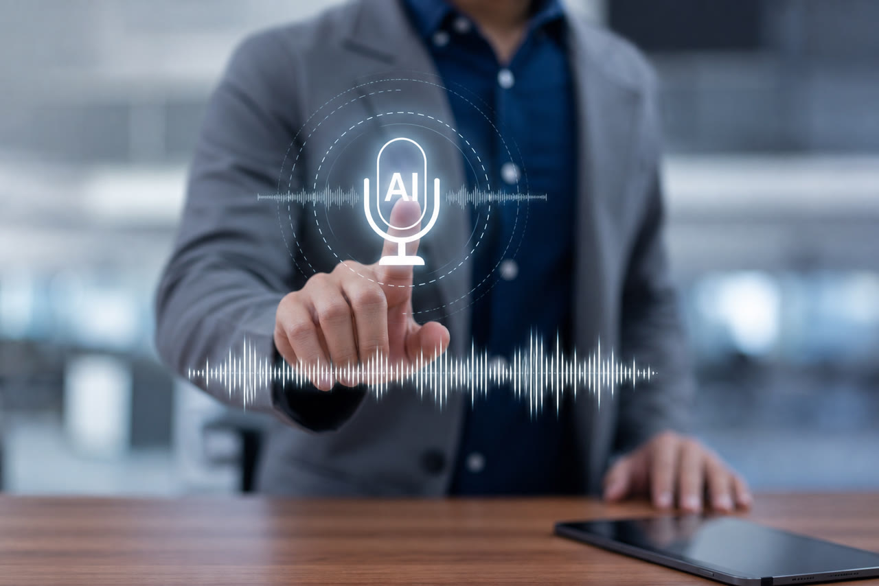 Person touching a glowing AI microphone interface with audio waveforms