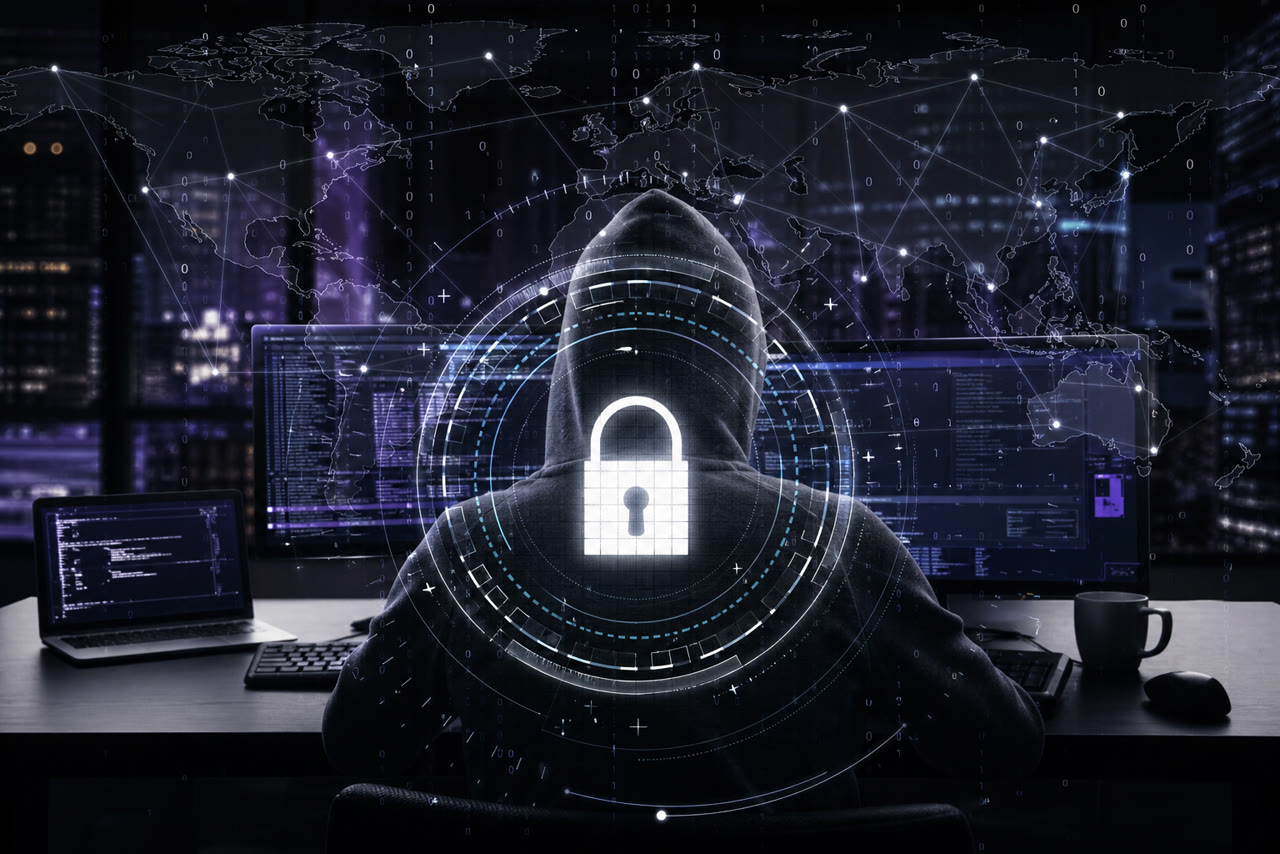 Cybersecurity professional at monitors with a digital padlock and global network map