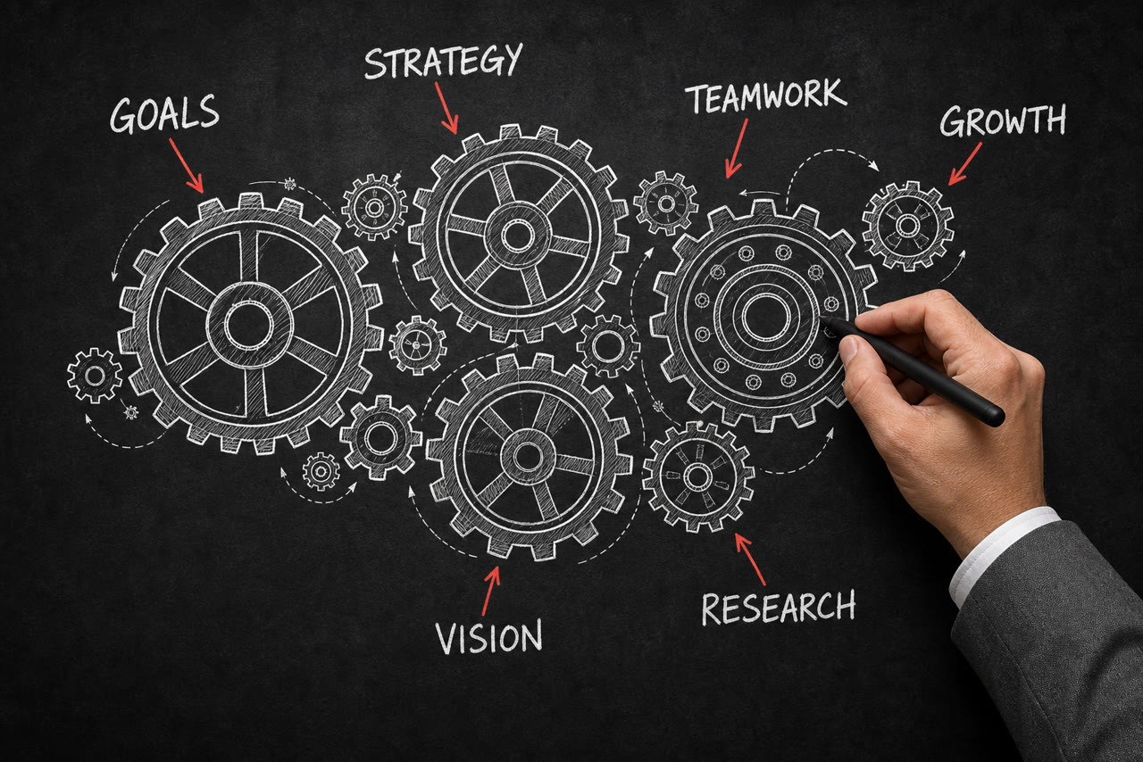 Interlocking gears and circuit patterns representing strategic IT planning and operational systems