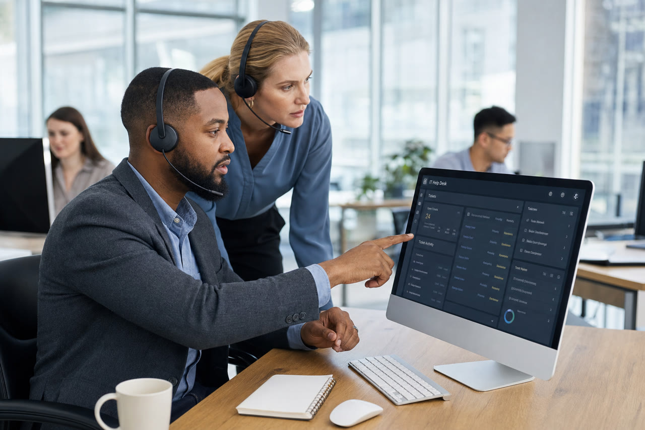 IT support workspace with screens and collaboration tools