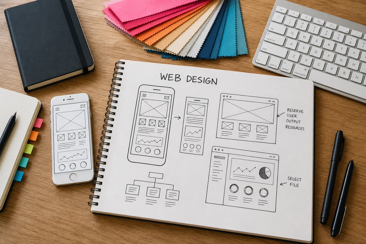 Flat-lay web design workspace with sketchbook wireframes and a phone mockup